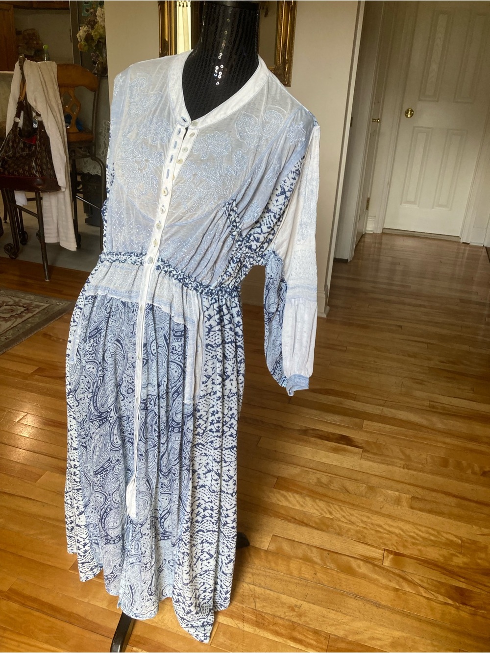 Free People Blue Paisley Button-Front Maxi Shirt Dress